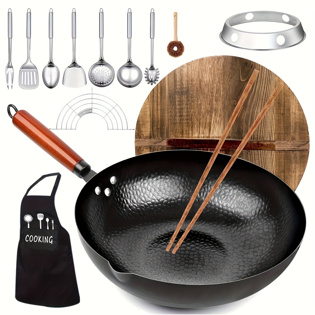 Home Cooking Asian - Conjunto de Wok de Ferro Fundido